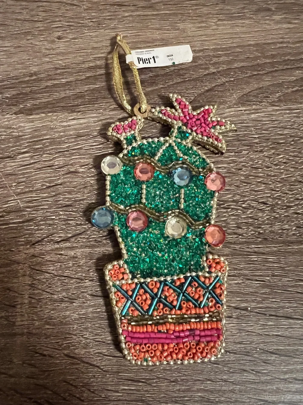 Pier 1 One Cactus Desert Christmas Holiday Ornament Beads Sparkle Green Pink NWT
